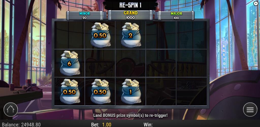 Landing 4+ prize icons will trigger the Heist Respins feature, awarding 3 Respins