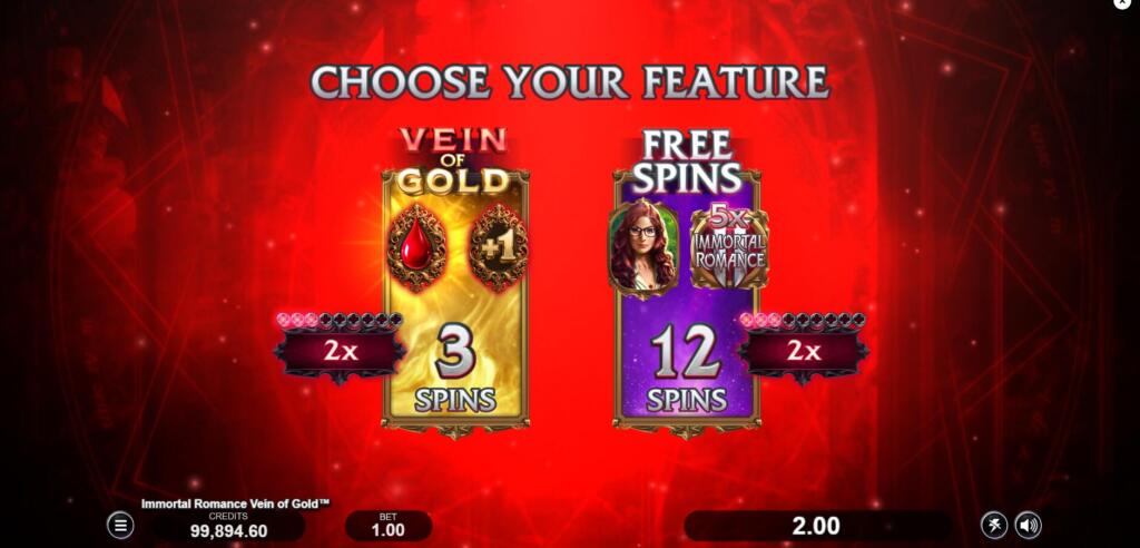 When 3+ Scatters land in the base game, you will be met with a Bonus Choice between Free Spins and the Vein of Gold feature