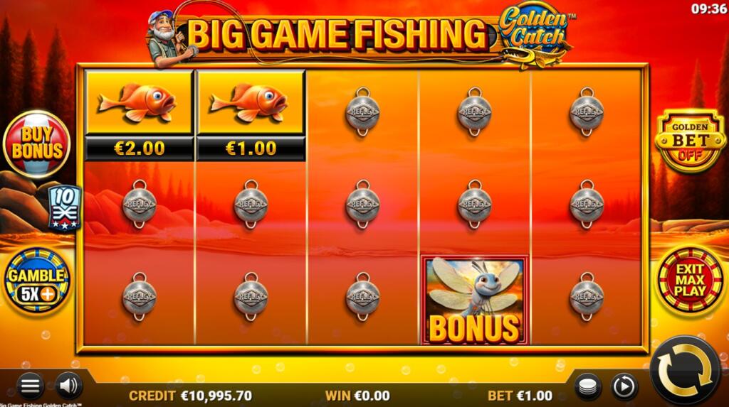 The max play mode has only the fisherman, fish, and scatter symbols available on the reels