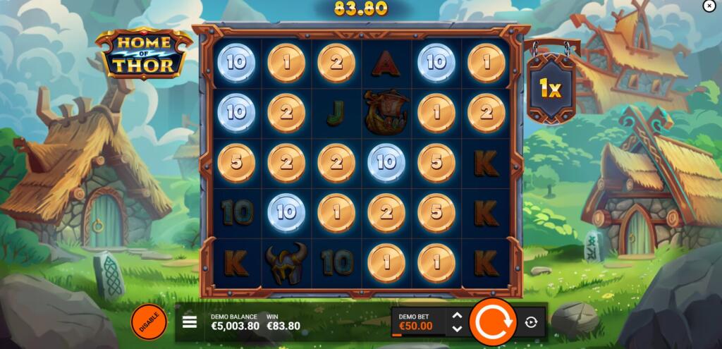 When the Mjolnir symbol hits, it will casue the highlighted squares to reveal Coin Prizes or Paytable symbols