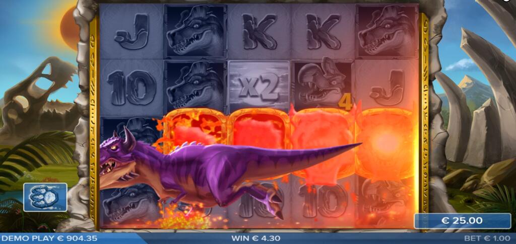 When the Stampede feature is active, Rex will trample through the reels and transform all symbols into T-Rex Icons
