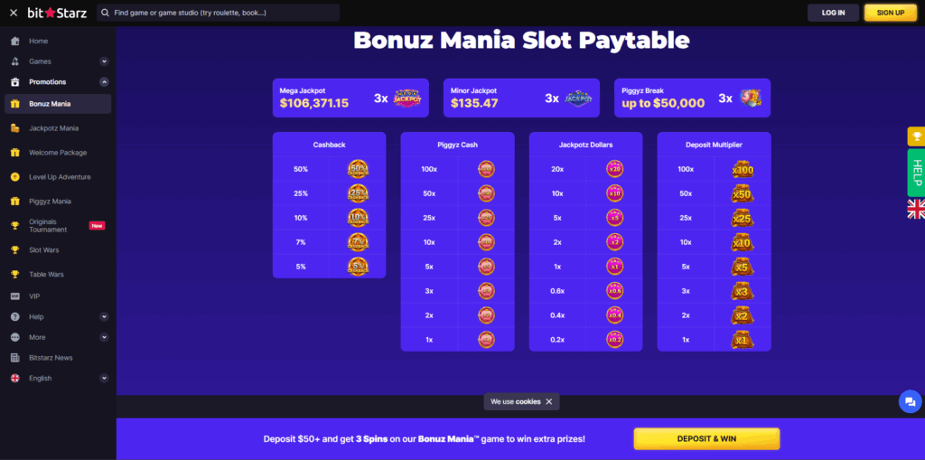 Bonuz Mania Paytable