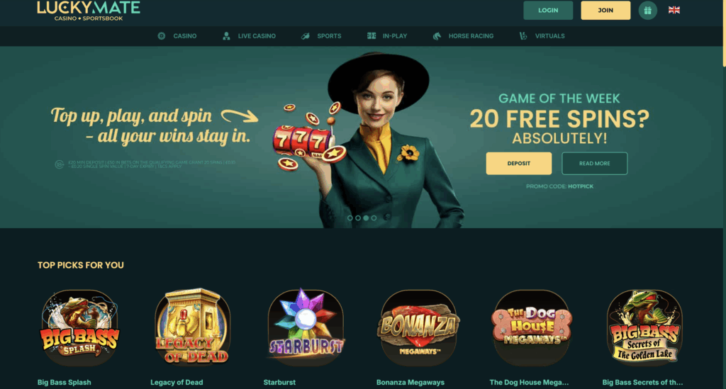Lucky Mate's homepage and welcome bonus
