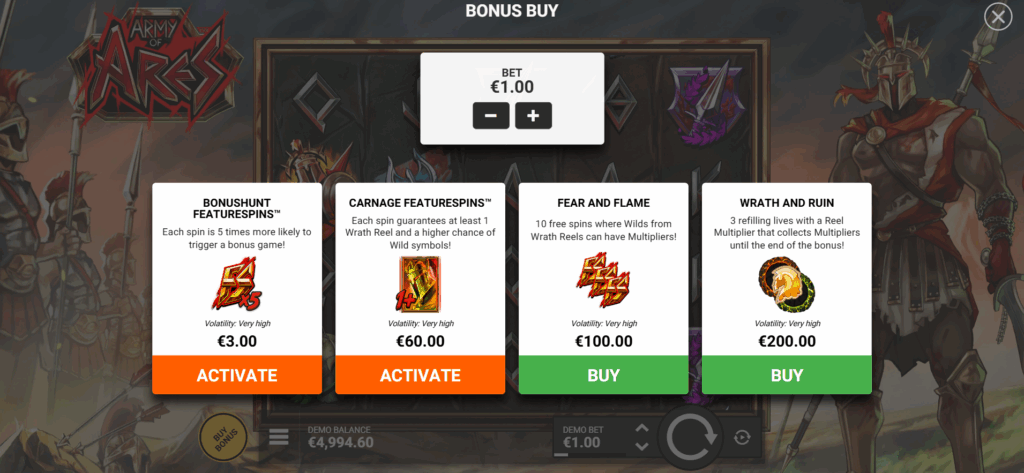 Army of Ares Featurespins & Bonus Buy Options