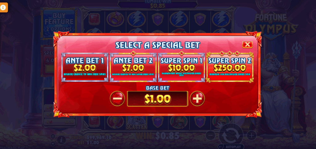 Fortune of Olympus Ante Bet & Bonus Buy Options