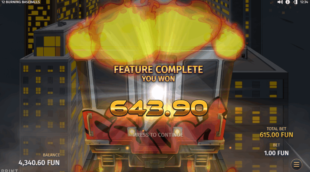 12 Burning Baseballs Big Win Feature Screen