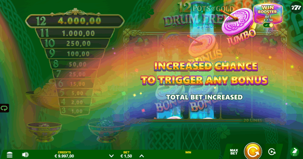 12 Pots of Gold Drum Frenzy Win Booster Activation Screen