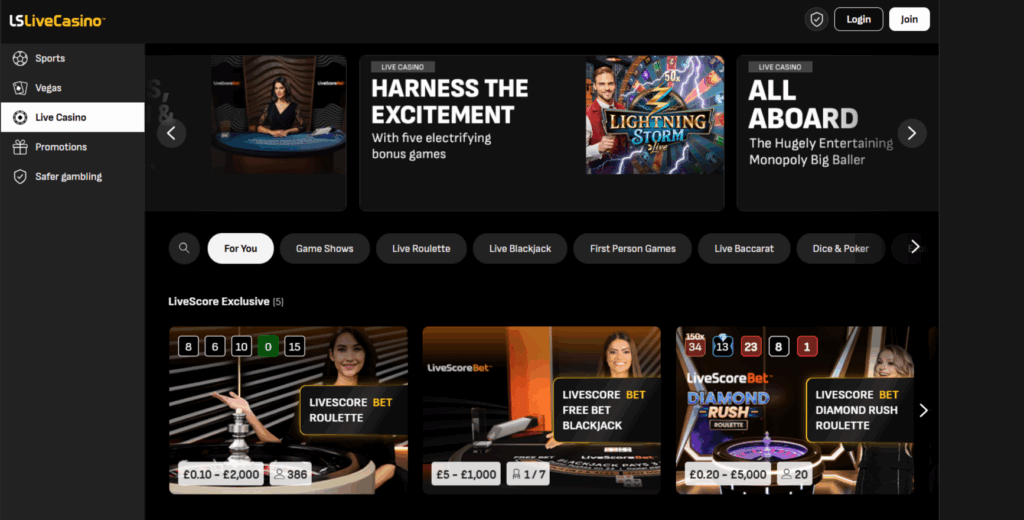 LiveScore Bet Live Casino Page