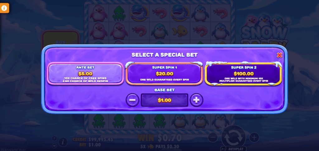 Snow Party Ante Bet & Bonus Buy Options