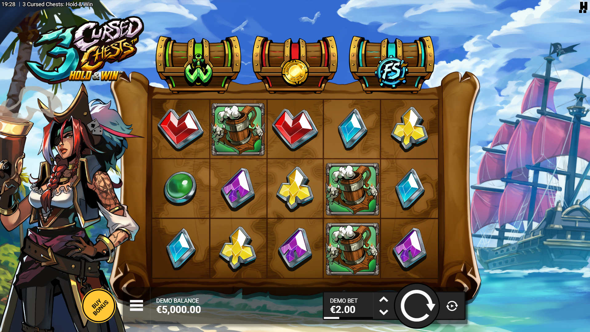 Base game view showing the 5x3 reel layout with the pirate character Anne Bonny