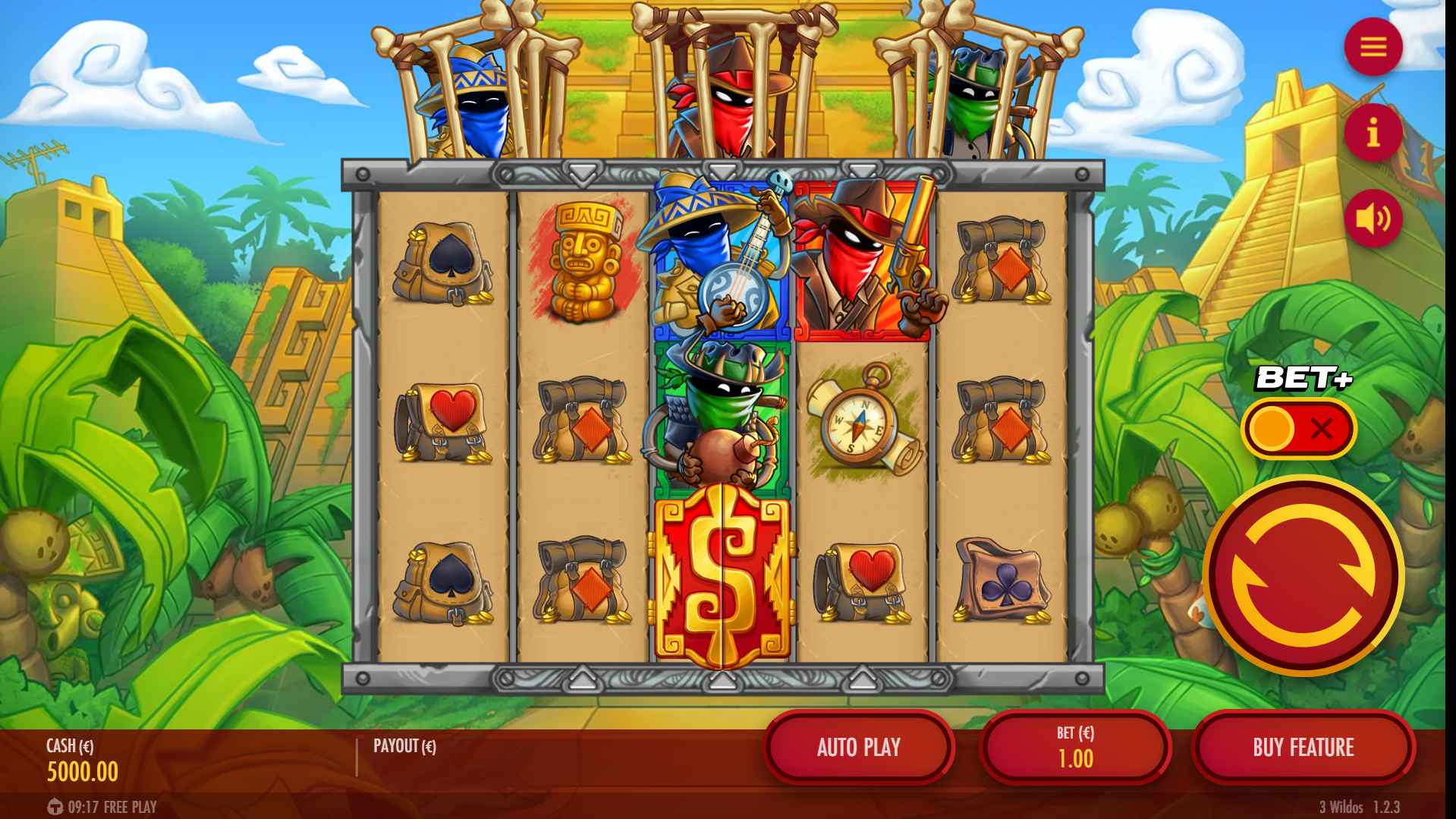 3 Wildos base game screenshot showing the 5x3 grid with themed symbols