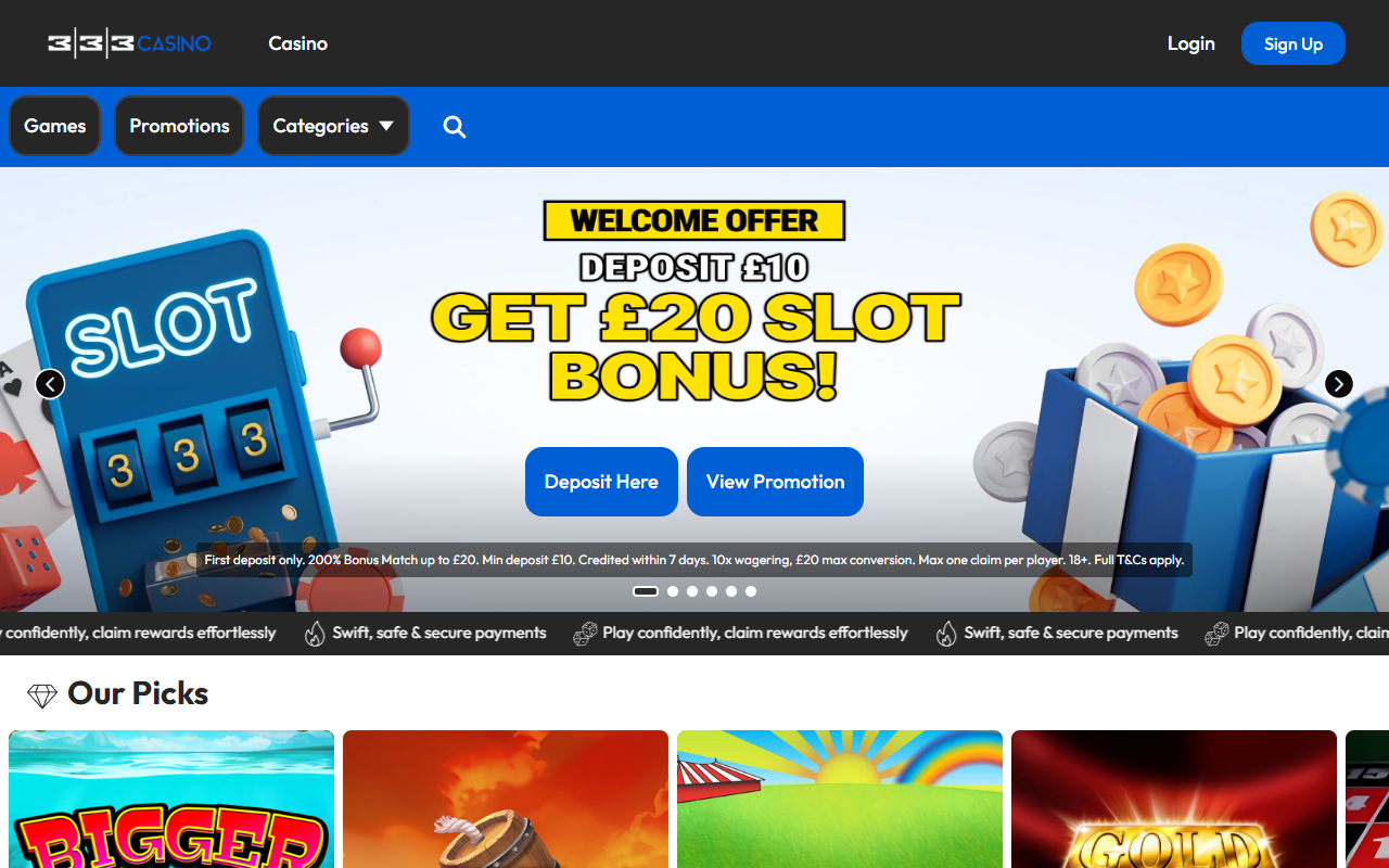333 Casino homepage screenshot