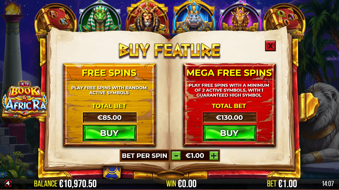 Book of AfricRa slot bonus buy options screen