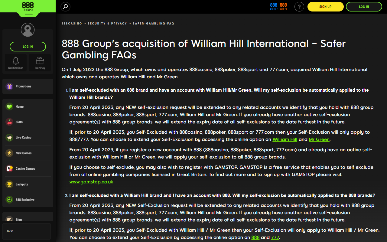 888 Casino support screenshot