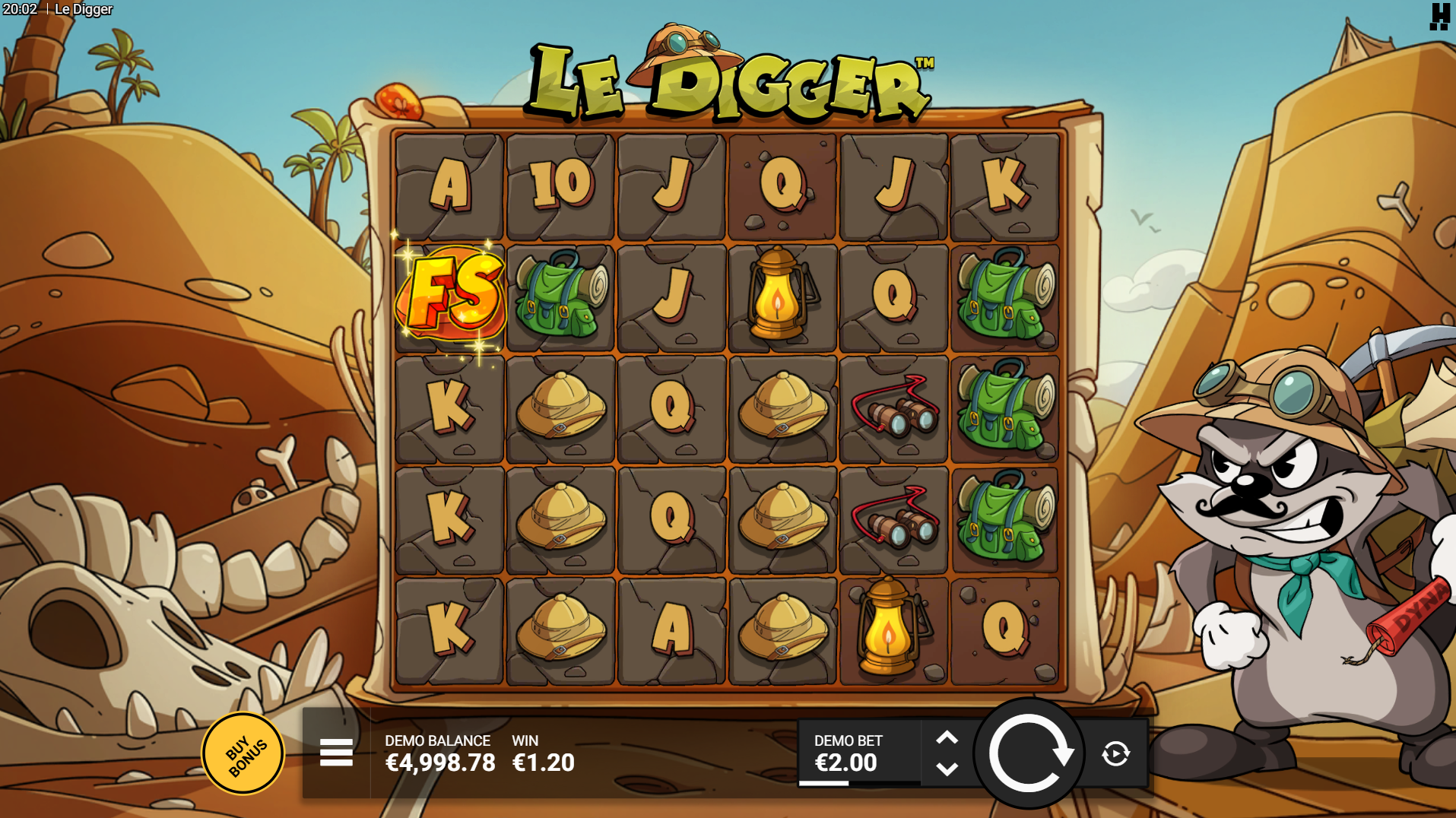 Le Digger base game screen showing 6x5 grid with treasure symbols