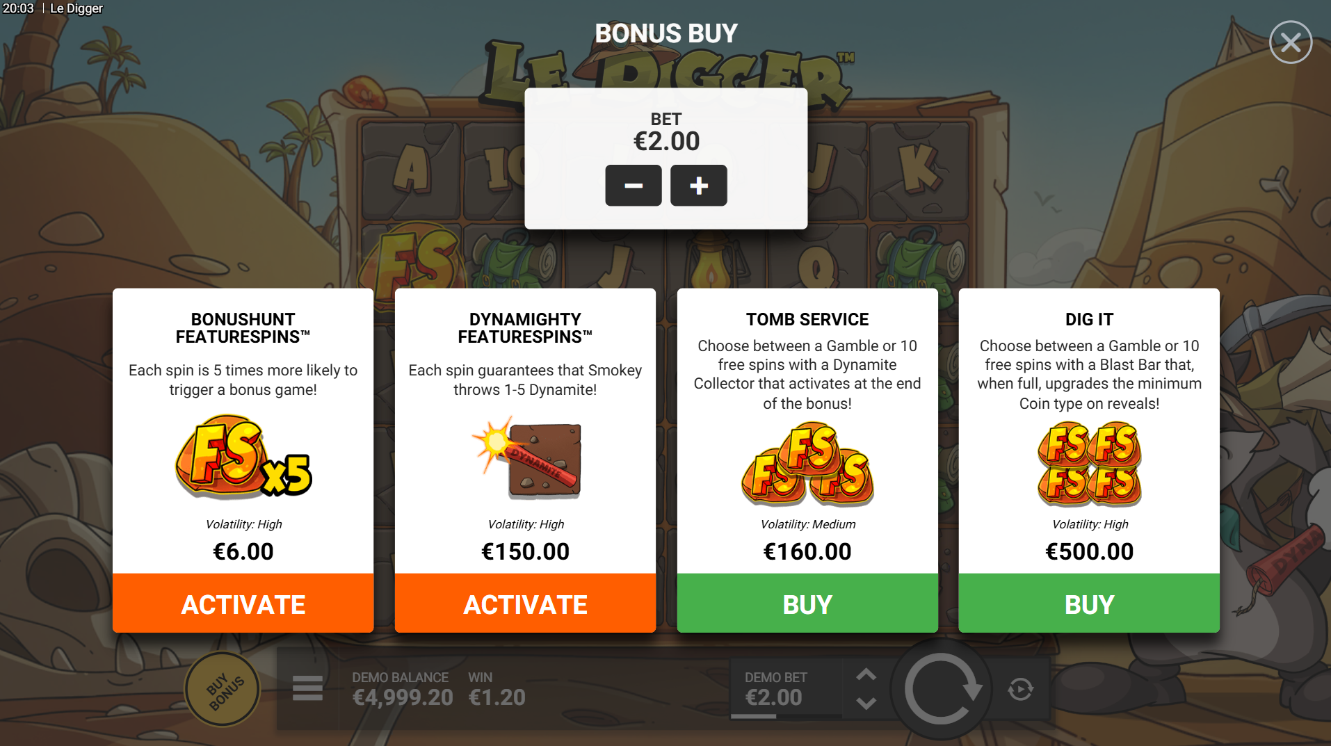 Le Digger bonus buy options including BonusHunt, Dynamighty, Tomb Service and Dig It