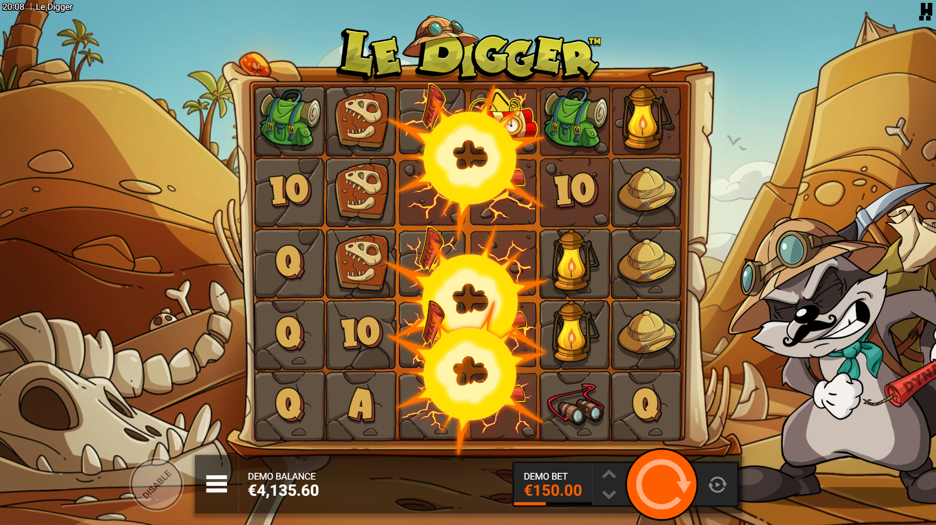 Le Digger Dynamighty FeatureSpins showing guaranteed dynamite throws