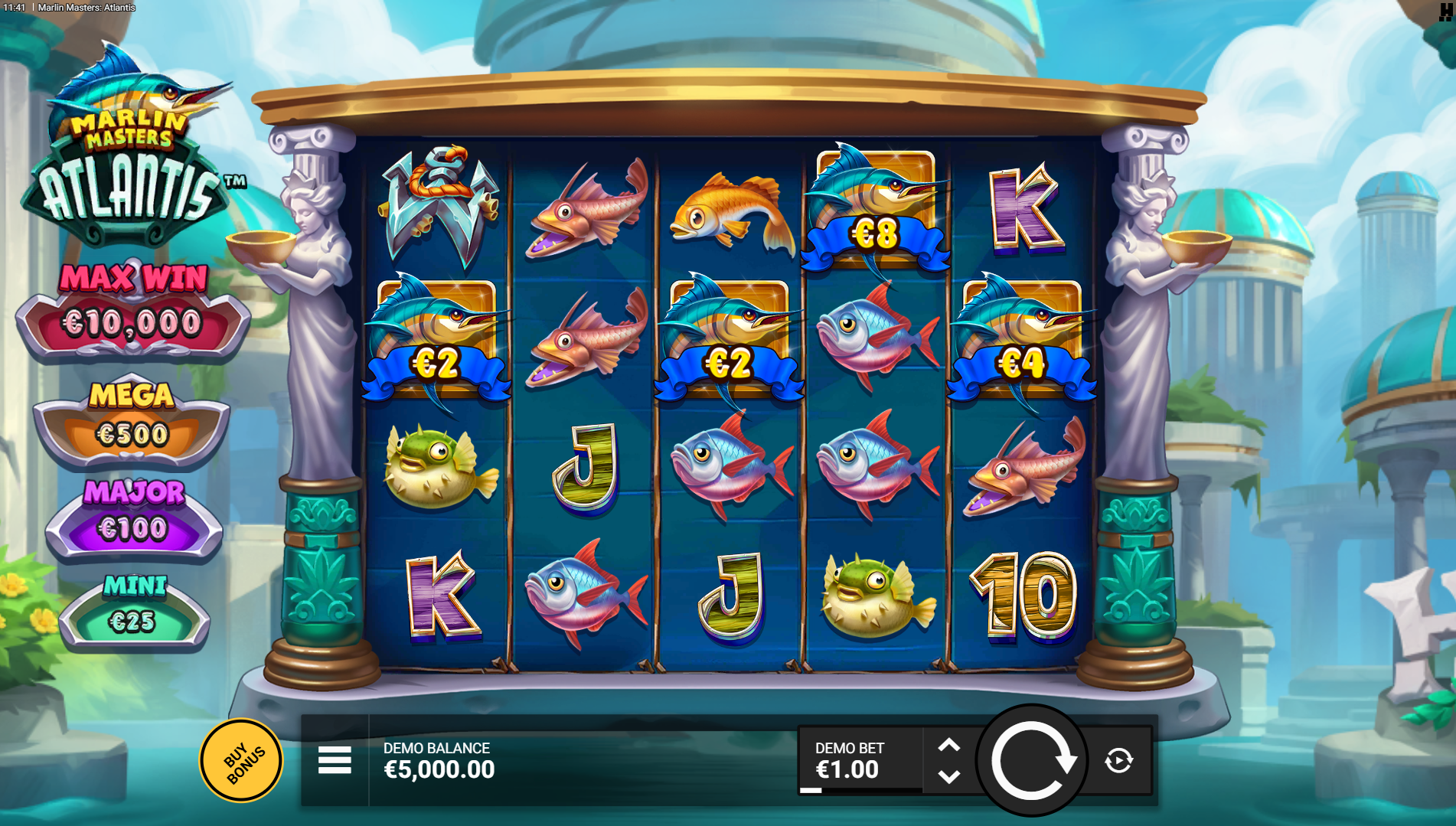 Marlin Masters Atlantis base game - 5x4 grid with Marlin and fish symbols on Atlantis-themed reels