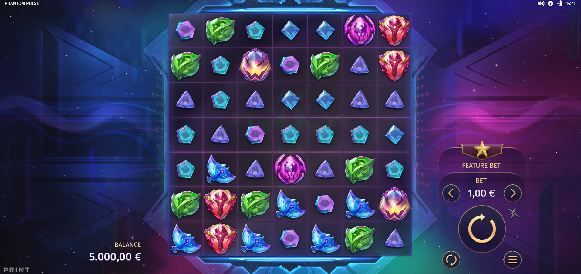 Phantom Pulse base game showing the 7x7 gem-filled grid with crystal symbols
