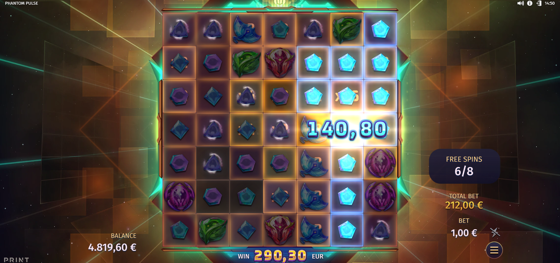 Phantom Pulse free spins in play showing 6 of 8 spins with large win