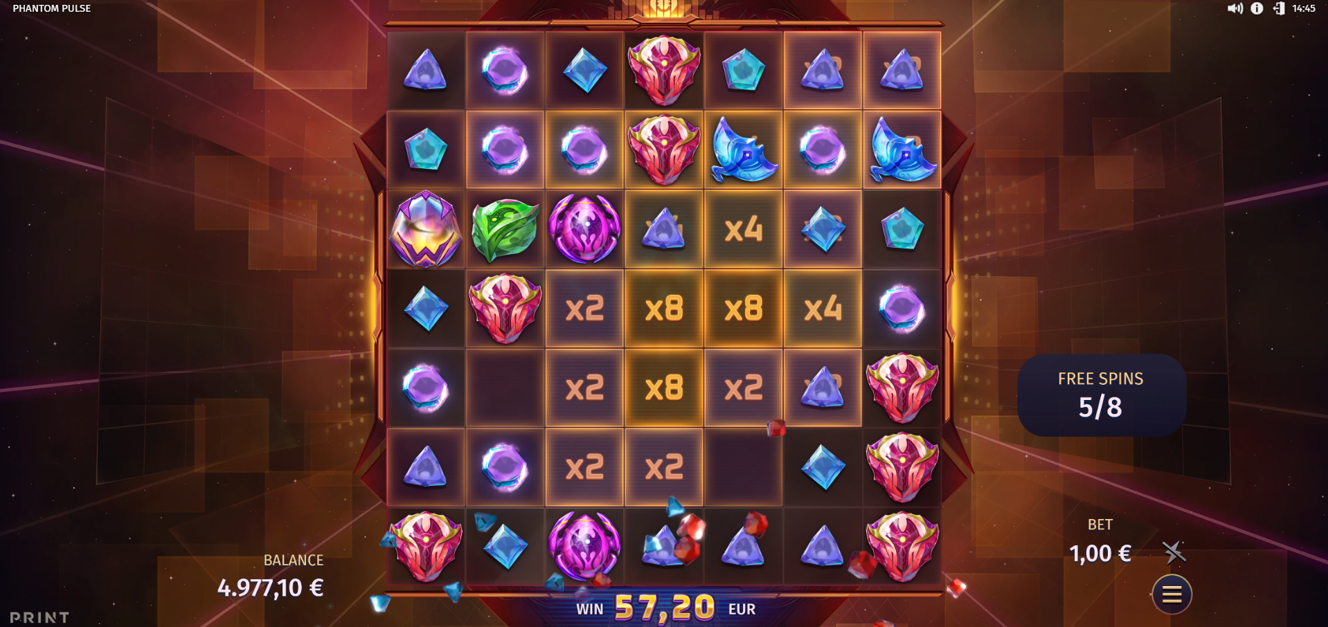 Phantom Pulse persistent free spins multipliers showing multiplier values across the grid