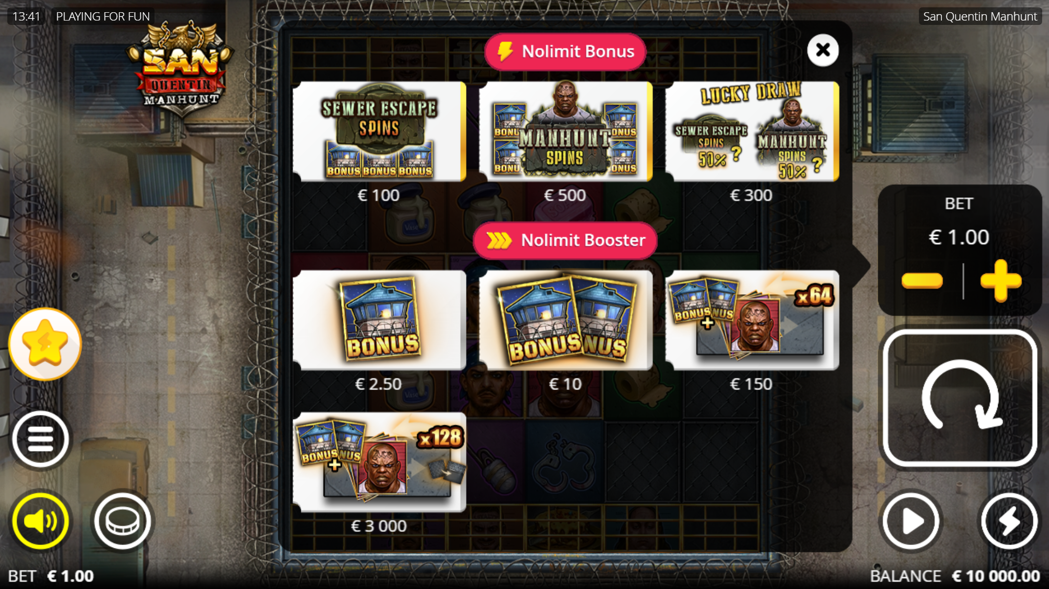 San Quentin Manhunt bonus buy options menu with various feature purchase options