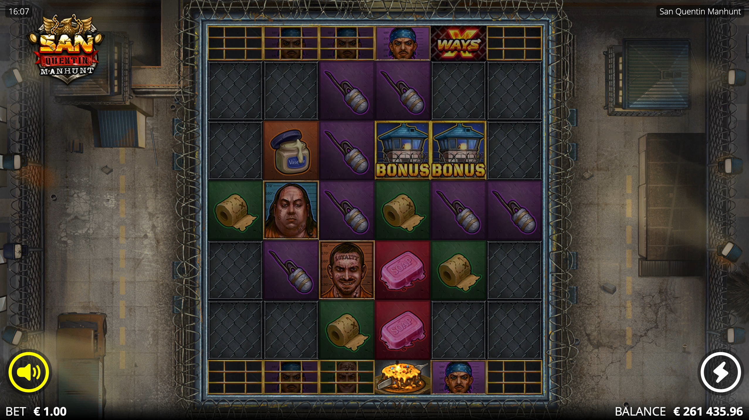 San Quentin Manhunt Cake Buster feature unlocking locked reel positions and revealing wilds