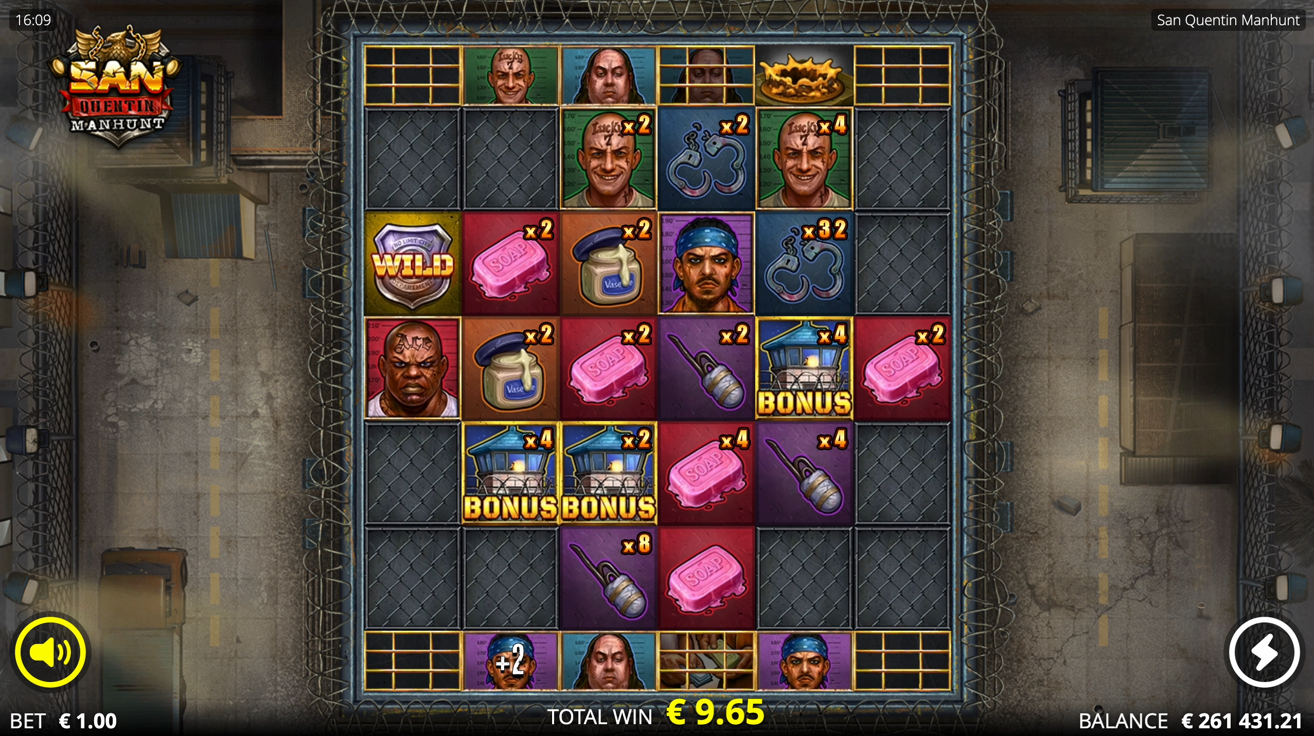 San Quentin Manhunt Sewer Escape Spins bonus round trigger with 3 bonus symbols