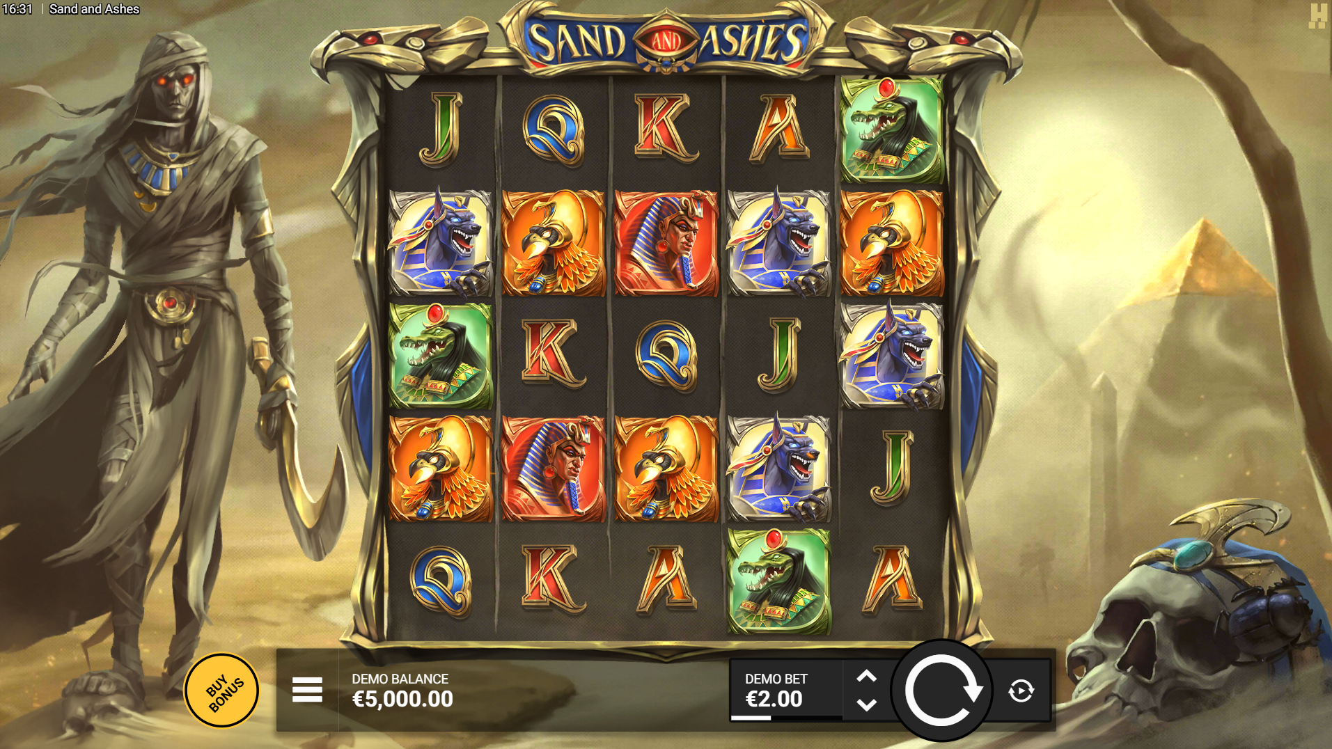 Sand and Ashes base game screenshot showing 5x5 reel grid with pharaonic symbols
