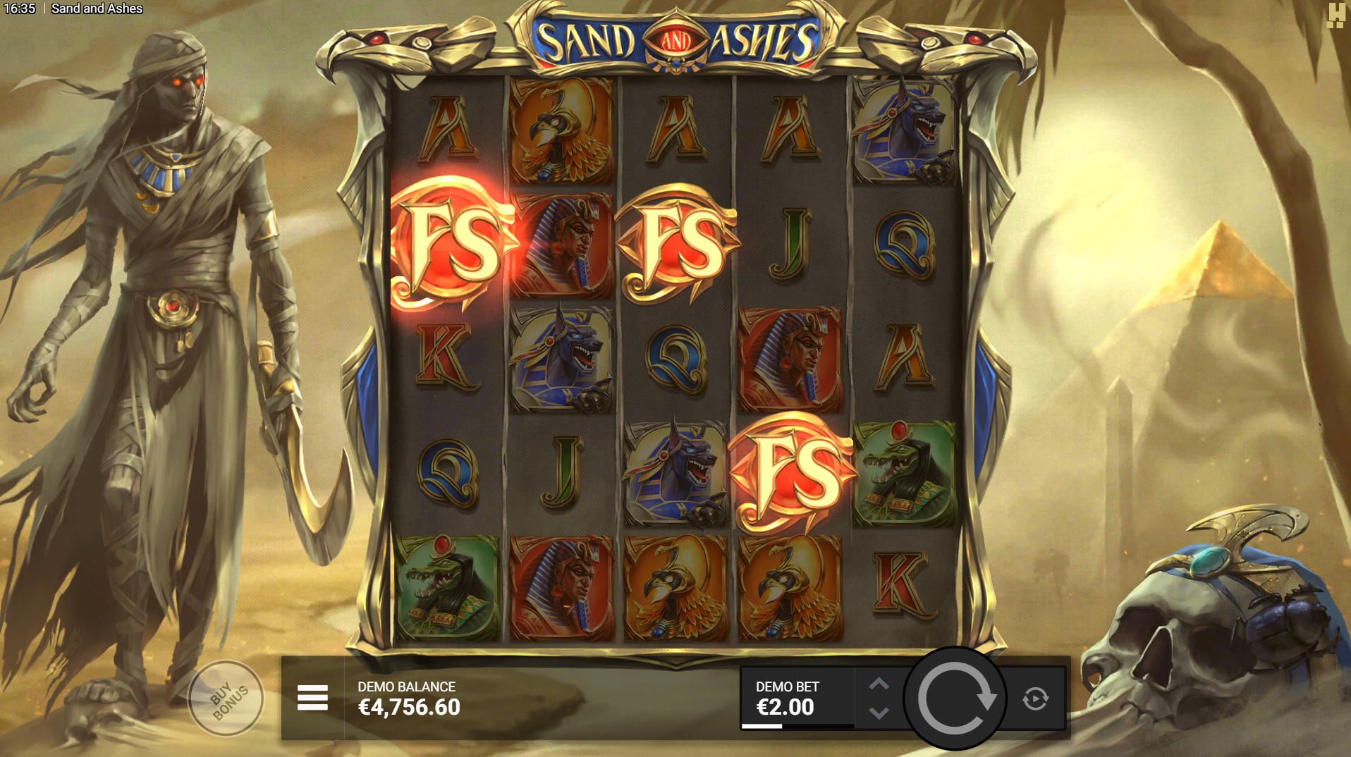 Sand and Ashes Desert Fury bonus game with 3 scatter symbols triggered