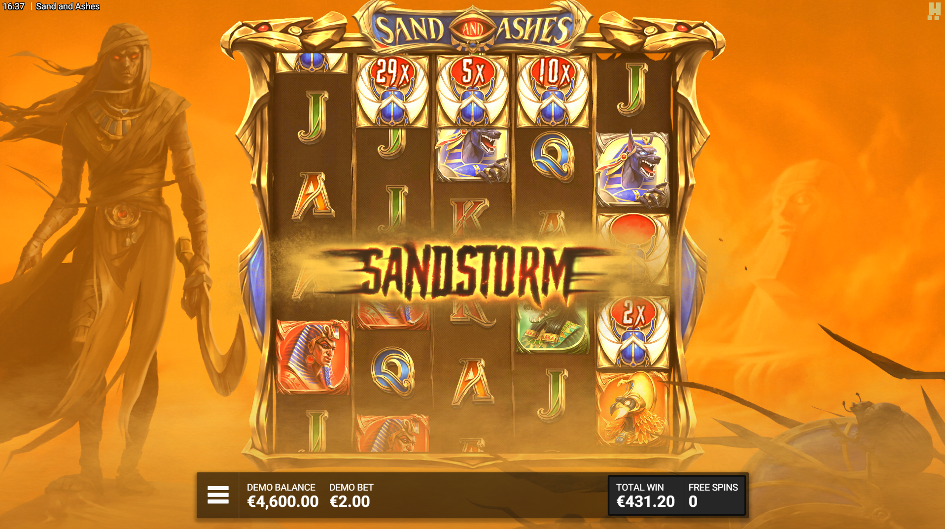 Sand and Ashes Sandstorm feature in action, showing symbol nudging mechanic