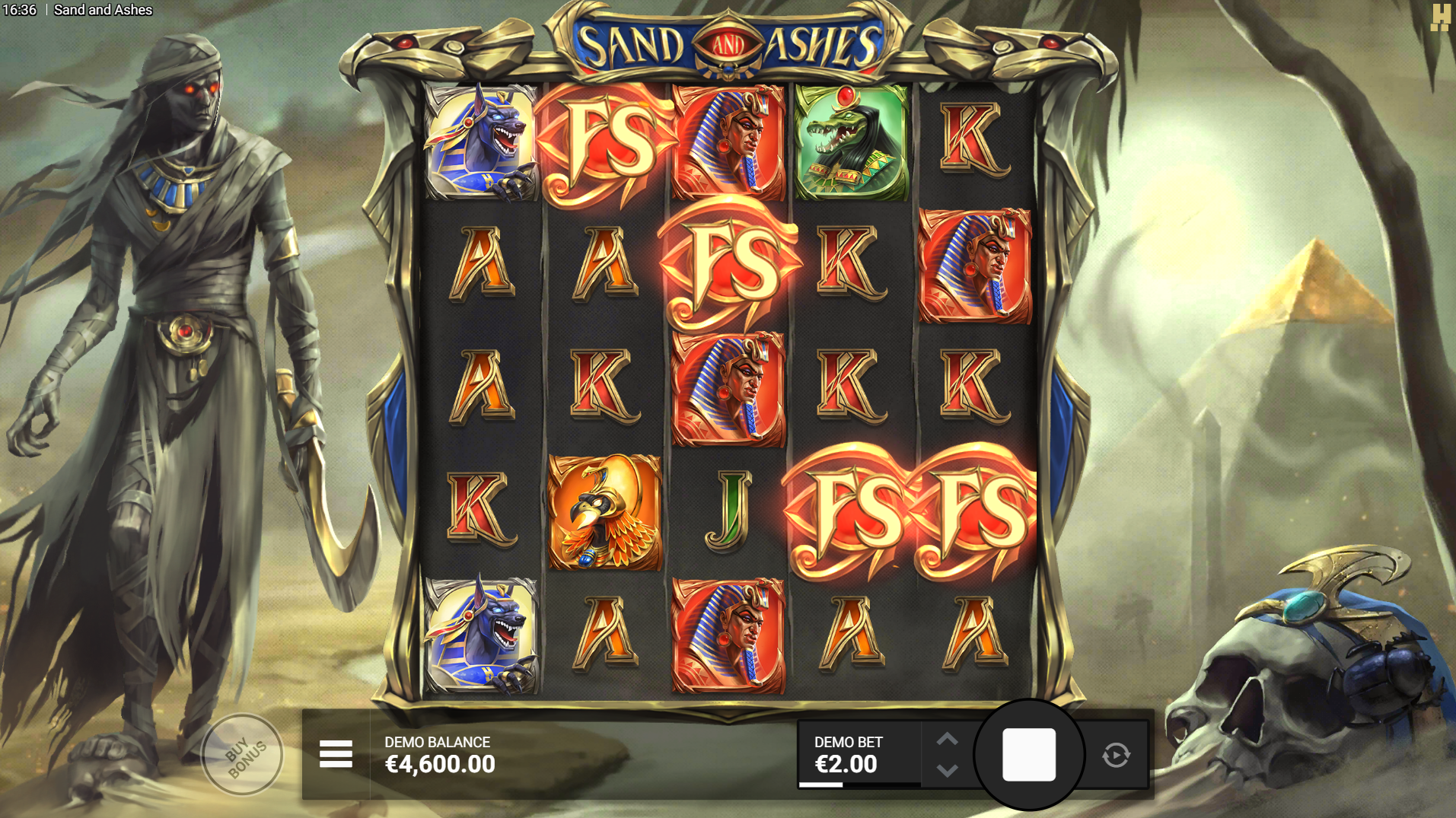 Sand and Ashes Storming Sphinx bonus game with 4 scatter symbols triggered