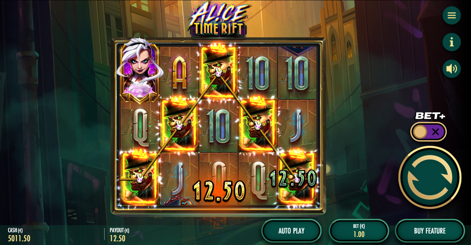 Alice: Time Rift base game win - 5x3 grid with Time Rift wild symbol