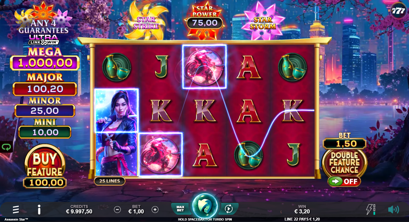 Assassin Star base game showing 5x3 grid with Ultra Link&Win symbols