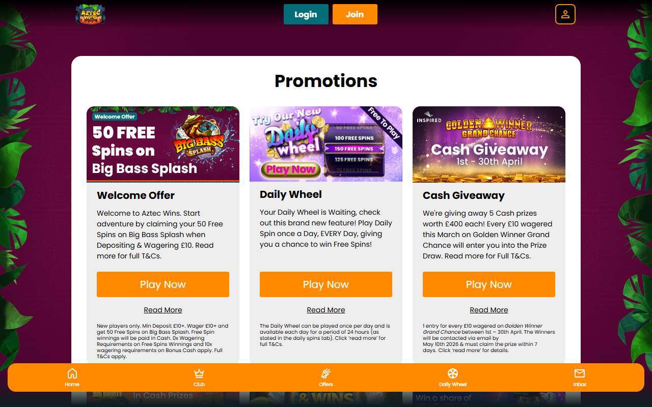 Aztec Wins promotions screenshot