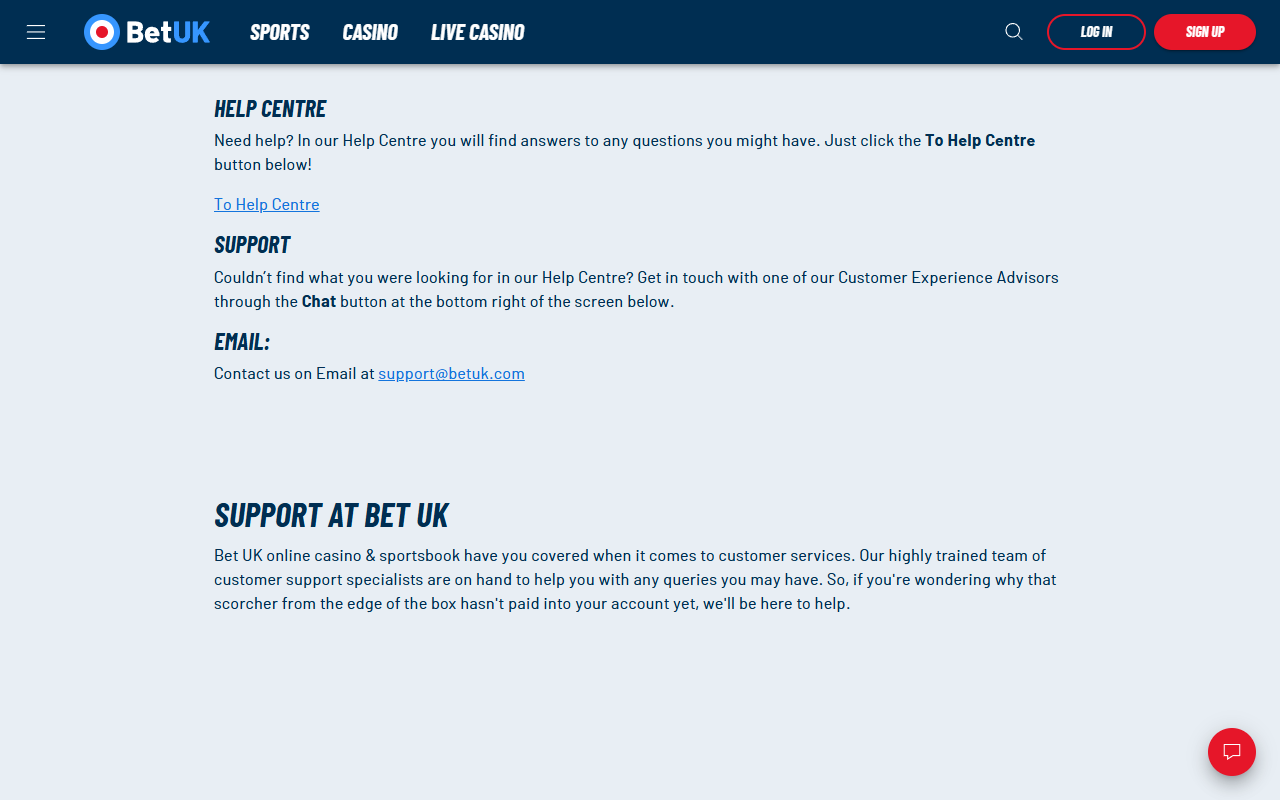 Bet UK Casino support screenshot