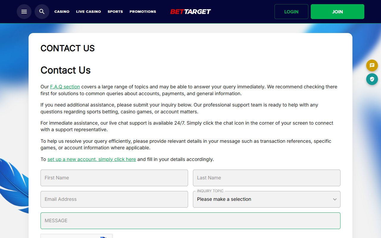 BetTarget Casino support screenshot