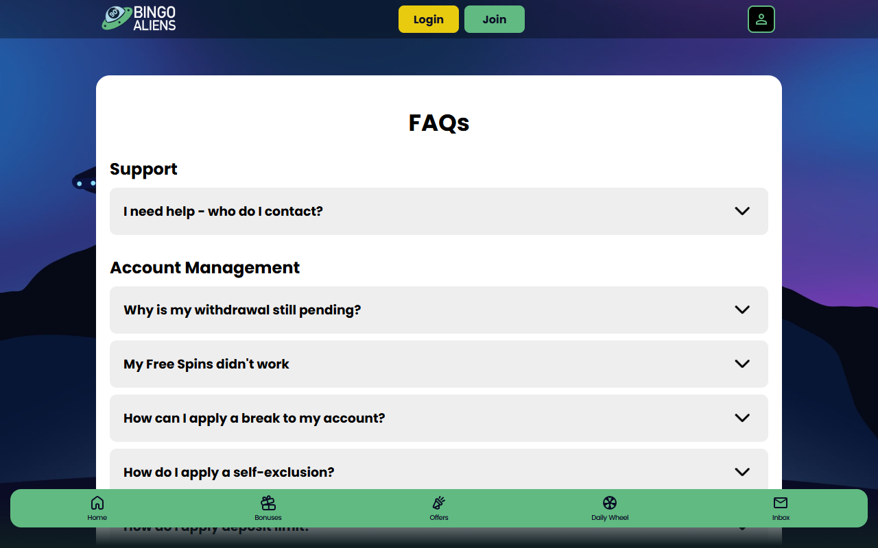 Bingo Aliens support screenshot