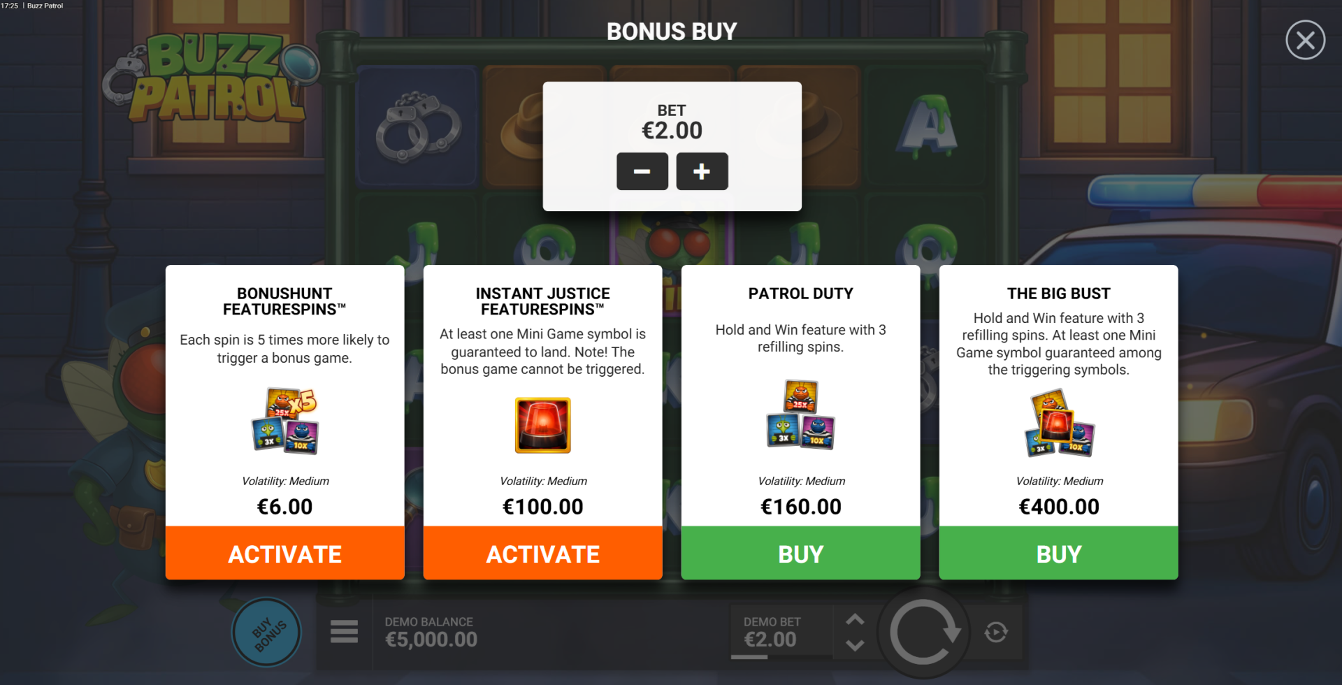 Buzz Patrol bonus buy options menu showing four purchase options