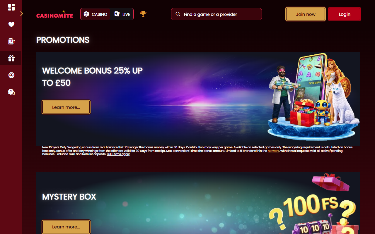Casinomite promotions screenshot