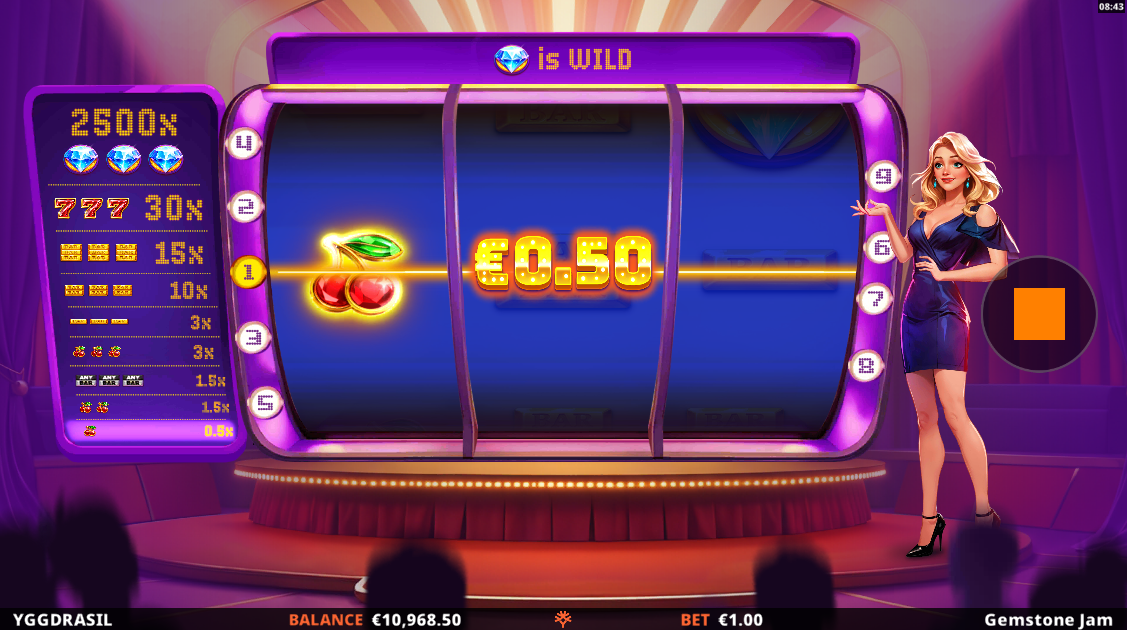 Gemstone Jam Cherry symbols paying out for 1, 2 or 3 symbols across a payline