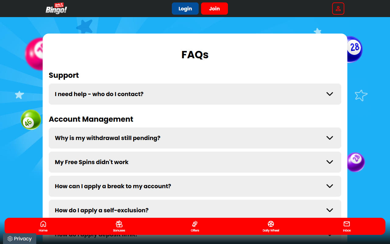 Daily Record Bingo support screenshot