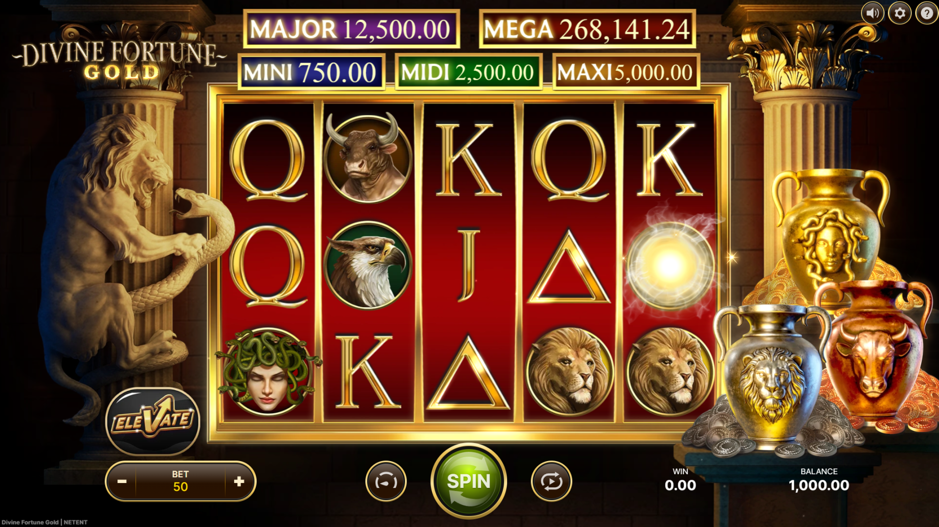 Divine Fortune Gold base game showing the 5x3 reel grid with Cash Prizes and Expanding Wilds