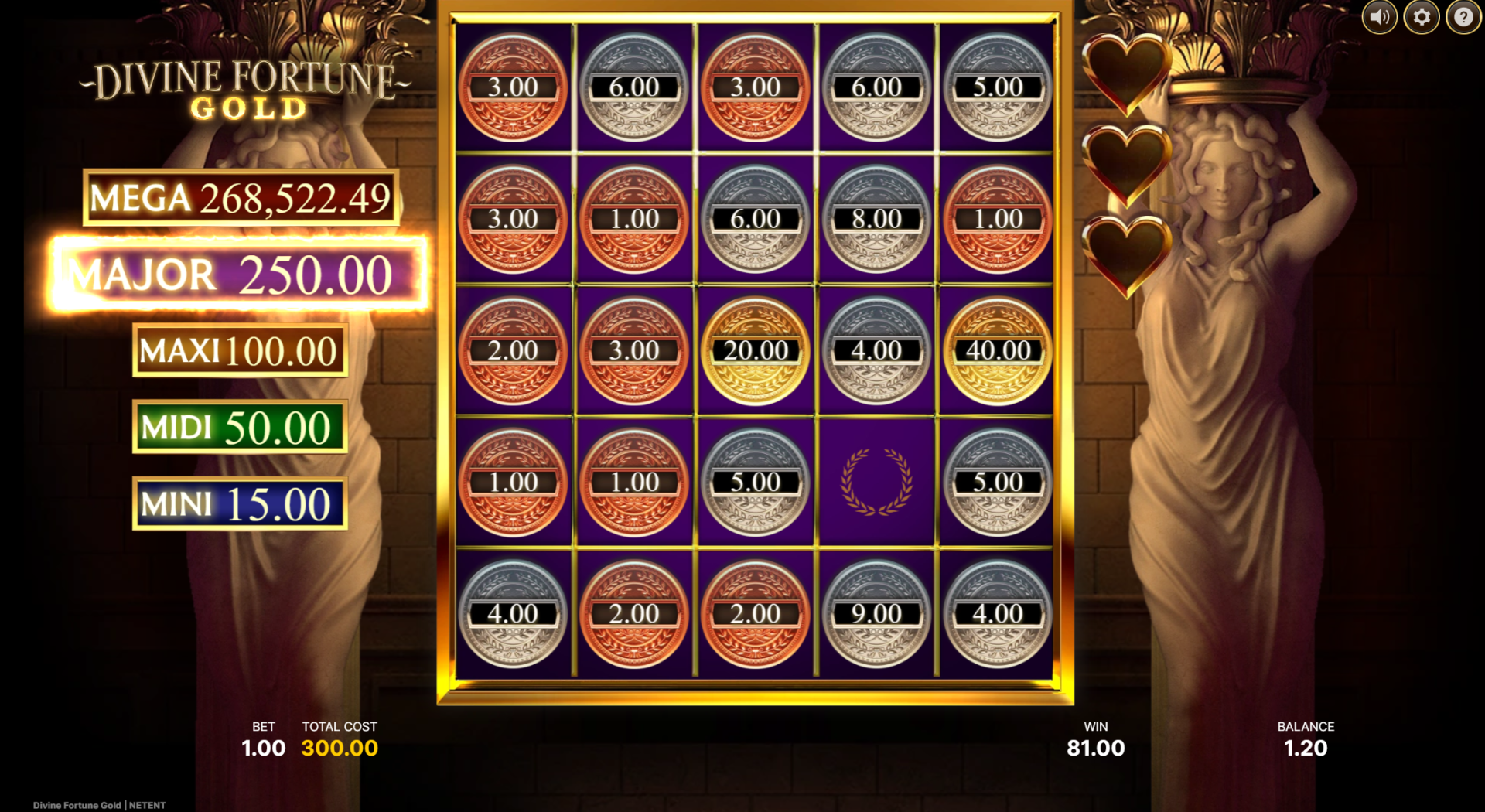 Divine Fortune Gold Gold Spins bonus mode activated with full grid of Cash Prizes