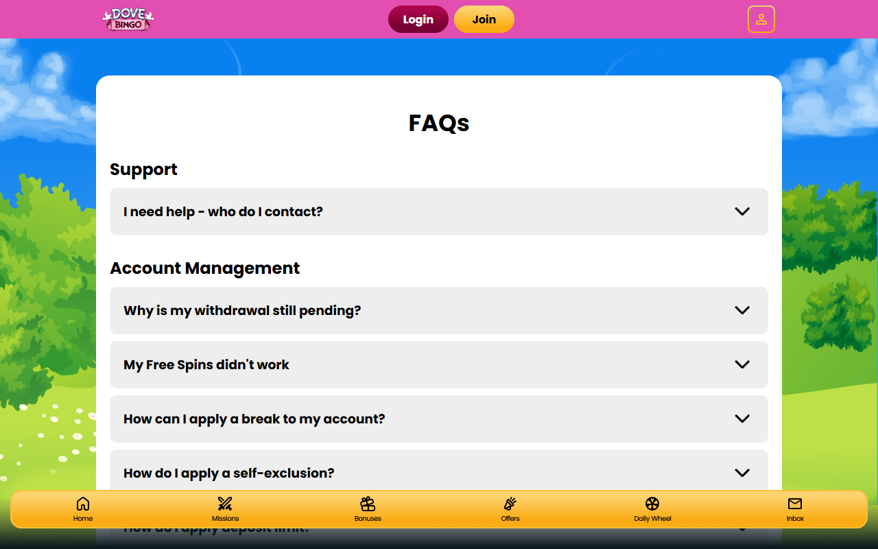 Dove Bingo support screenshot