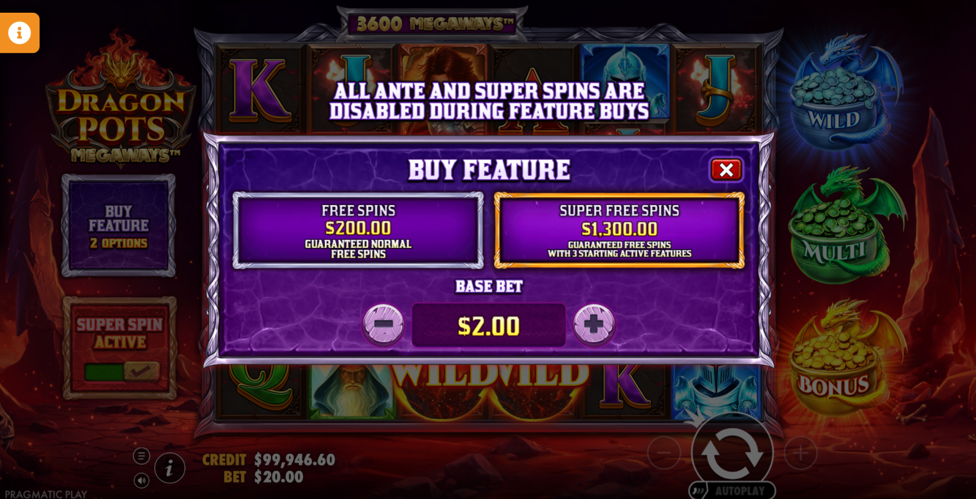 Dragon Pots Megaways bonus buy options