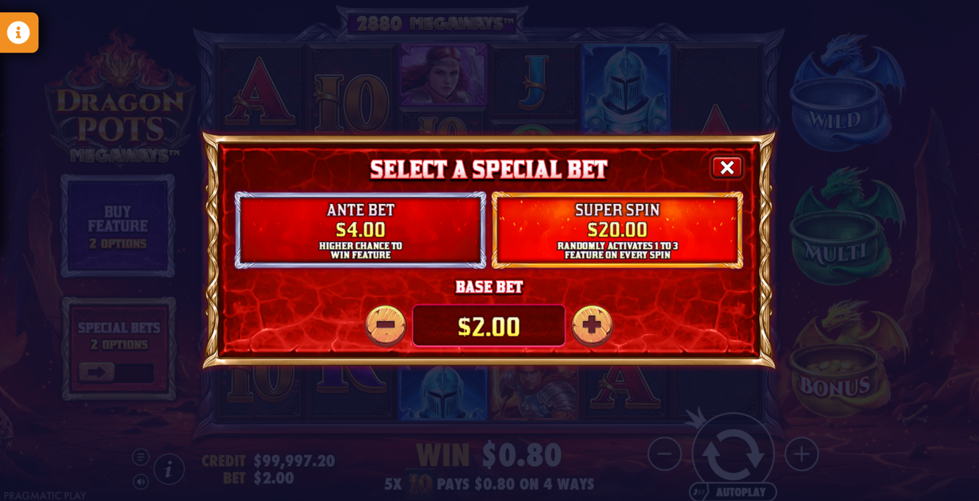 Dragon Pots Megaways special bets option