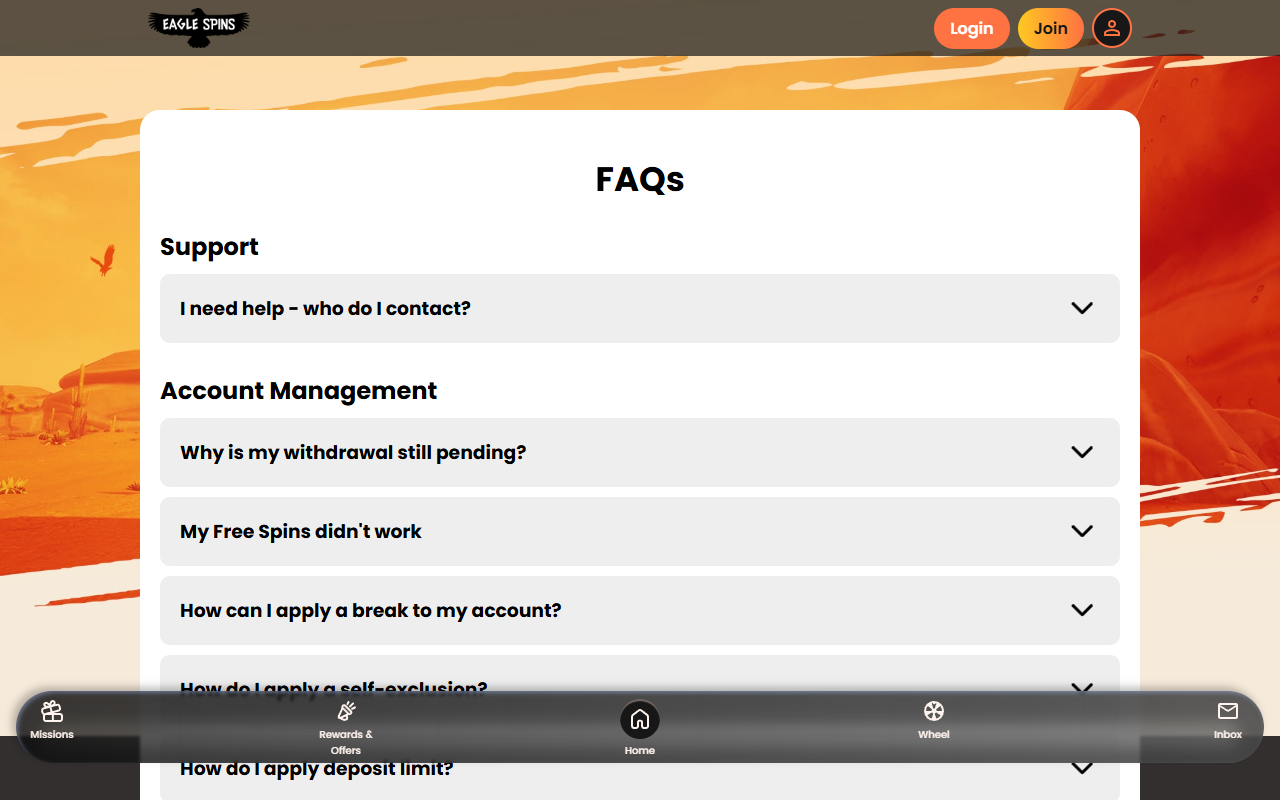 Eagle Spins Casino support screenshot