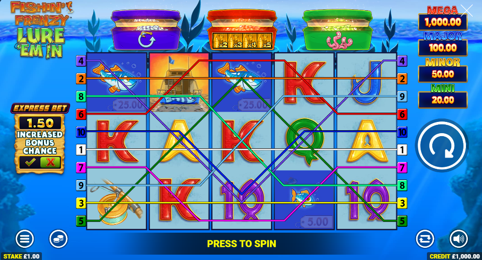 Fishin' Frenzy Lure 'Em In base game reels