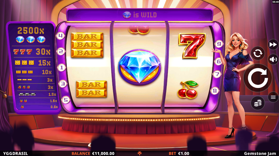 Gemstone Jam base game showing 3x3 reel grid with classic symbols